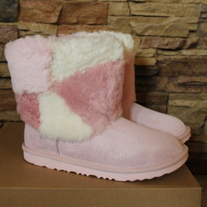 UGG PATWORK METALLIC FLUFF SUEDE BOOTS PINK